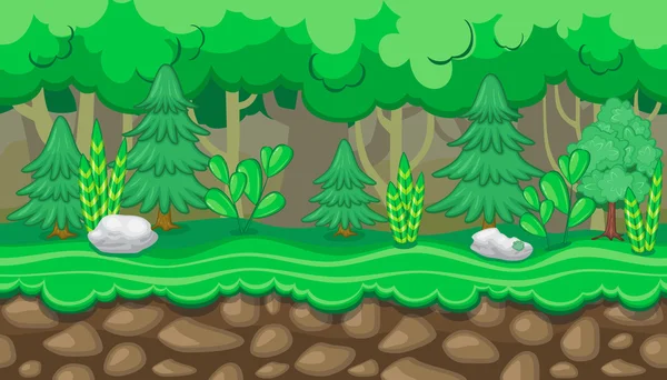 Paisaje forestal de verano sin fisuras con abetos y piedras para el diseño del juego — Vector de stock