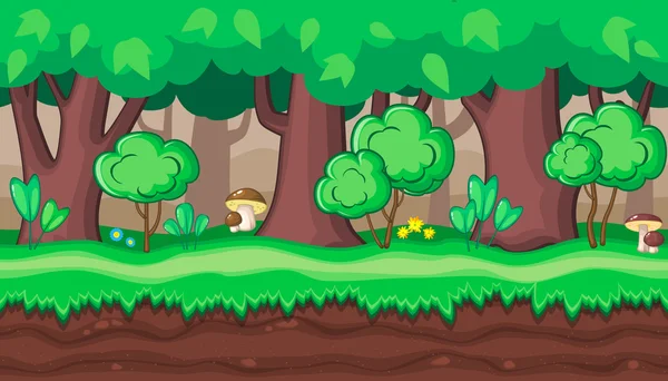 Paesaggio forestale estivo senza soluzione di continuità con boletus per il design del gioco — Vettoriale Stock