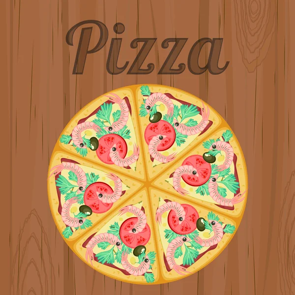 Cartaz retrô com pizza sobre madeira — Vetor de Stock