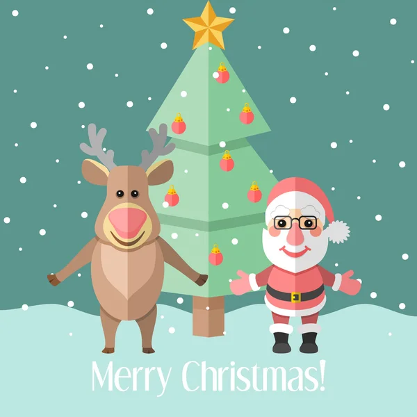 Kerstkaart met fir tree en Santa Claus en rendieren — Stockvector