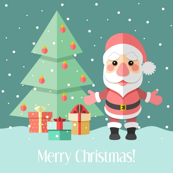 Julkort med Gran träd och jultomten och gåvor — Stock vektor