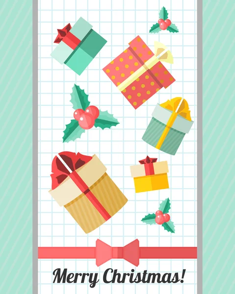 Tarjeta de Navidad con cinta roja y regalos — Vector de stock