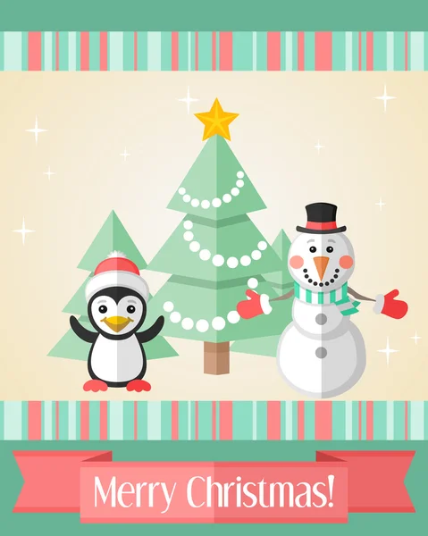 Tarjeta de Navidad con pingüino y muñeco de nieve y abeto — Archivo Imágenes Vectoriales