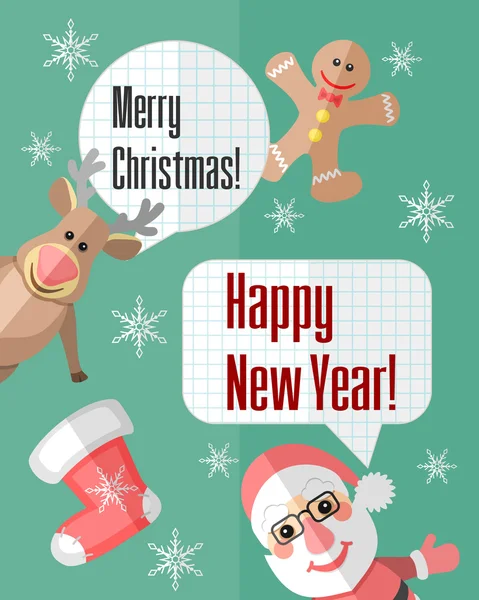 Christmas card with Santa Claus and reindeer and speech bubbles — Stock Vector