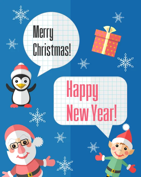 Christmas card with Santa Claus and elf and speech bubbles — Stock Vector