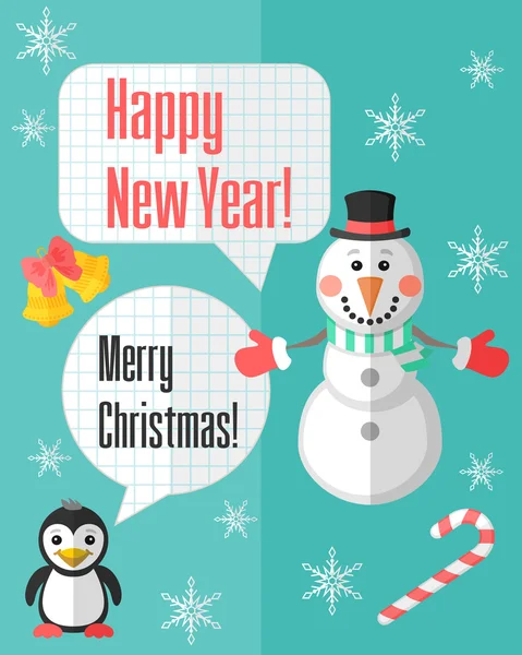 Christmas card with snowman and penguin and speech bubbles — Stock Vector