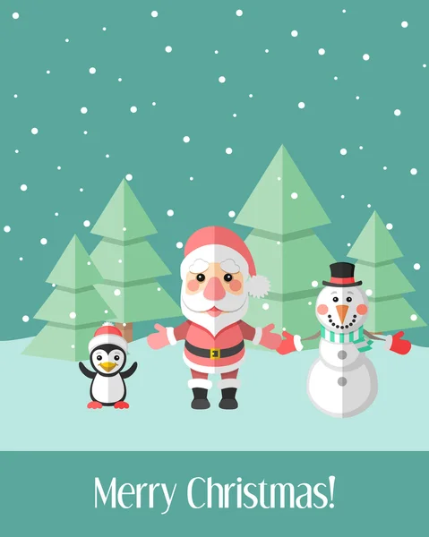 Tarjeta de Navidad con Santa Claus y pingüino y muñeco de nieve — Vector de stock