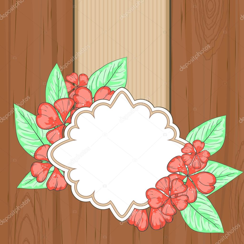 Retro label over brown wood with red flowers and leaves