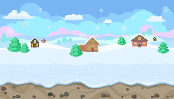 Бесшовный рождественский пейзаж с холмами и домами для игрового дизайна Стоковая Иллюстрация