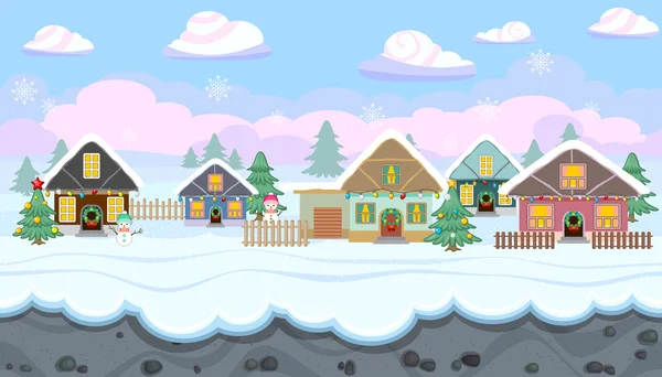 Paesaggio invernale senza soluzione di continuità con case vacanze per il design del gioco di Natale Illustrazioni Stock Royalty Free