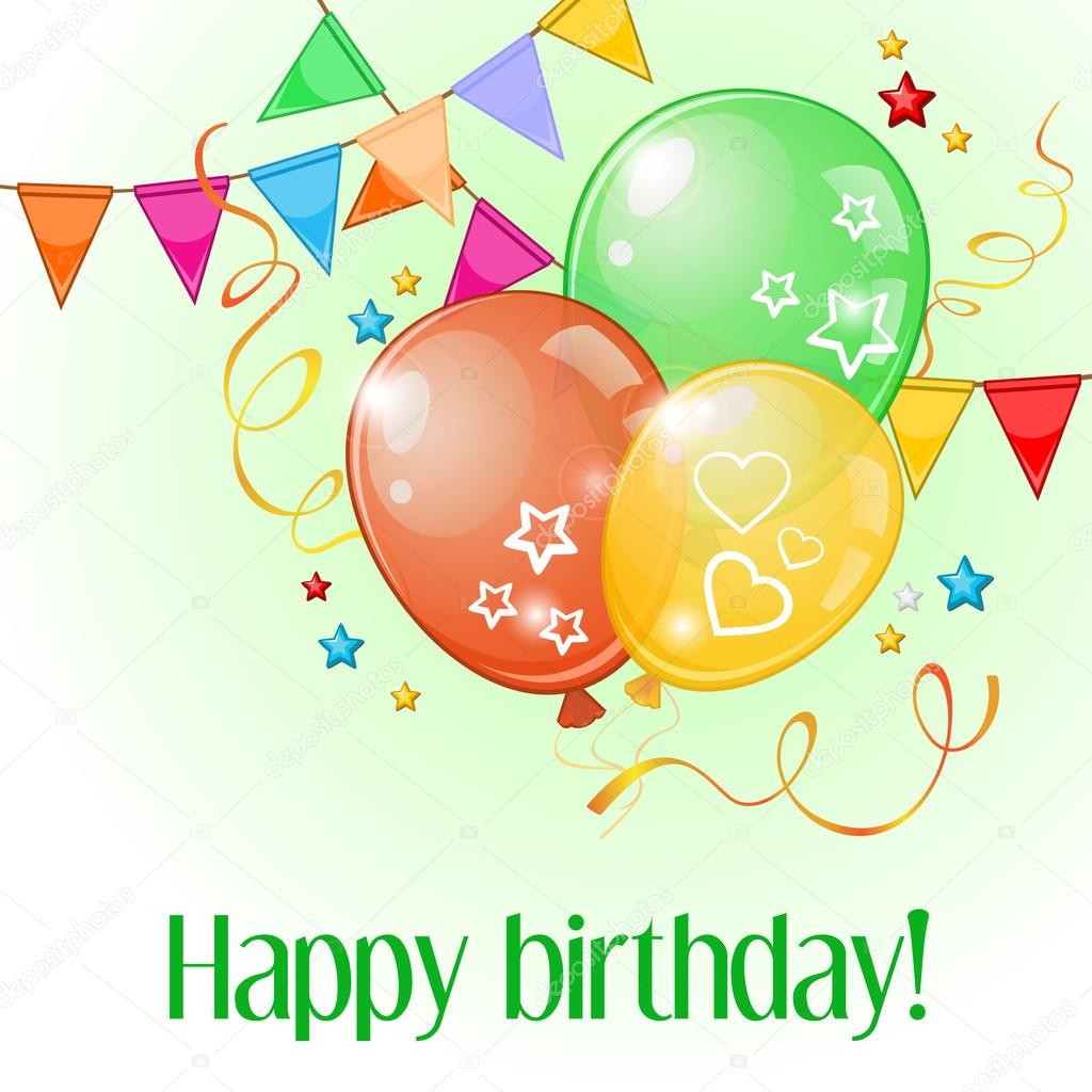 Birthday card with three balloons and pennants over light green