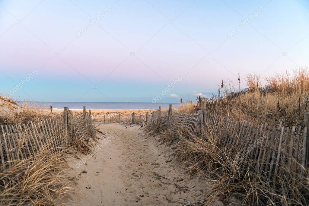 A beach path at dusk in Long Branch along the Jersey shore.