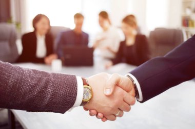 Business people shaking hands finishing a meeting in the background of their work team.  clipart