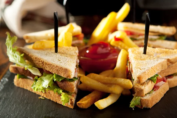 Club Sandwich with French Fries — Stock Photo, Image