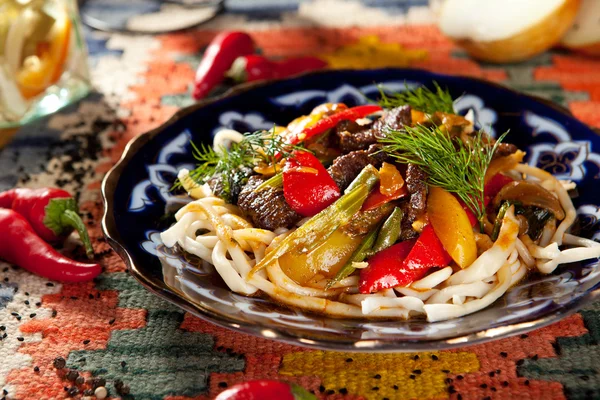 Noodles with Laghman Sauce — Stock Image Noodles with Laghman Sauce Stock Photo