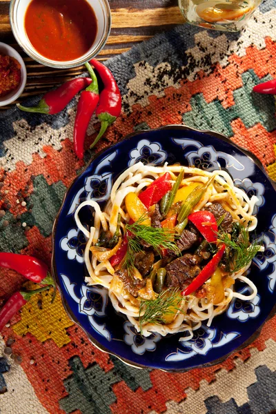 Noodles with Laghman Sauce — Stock Image Noodles with Laghman Sauce Royalty Free Stock Photos