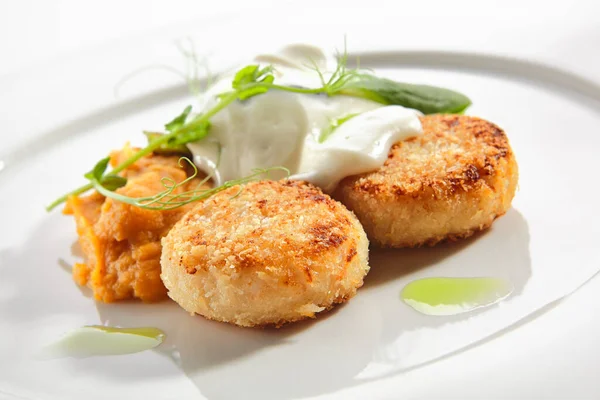 Halibut Cutlets Fish Cakes Cream Cheese White Restaurant Plate Isolated — Stock Photo, Image