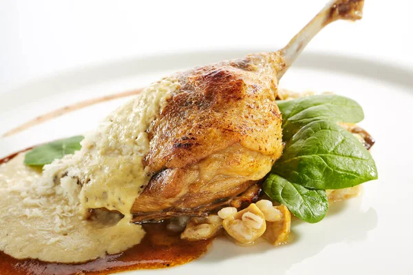 Duck Leg Confit Pearl Barley Restaurant Plate Isolated Macro Photo — Stock Photo, Image