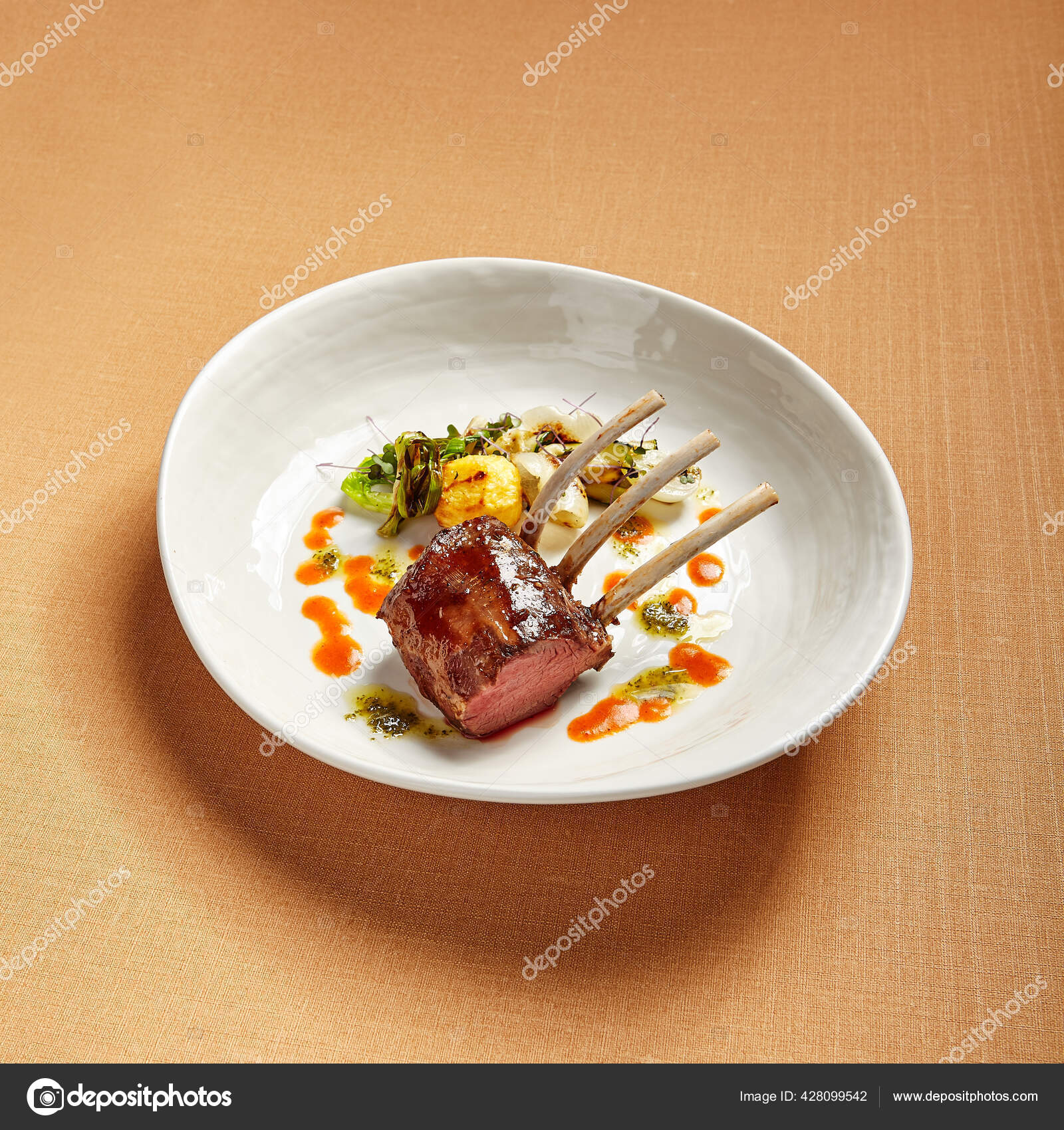 Luxury gourmet food. Veal cooking recipe. Elegant expensive restaurant  meal. Meat dish on plate. Stock Photo