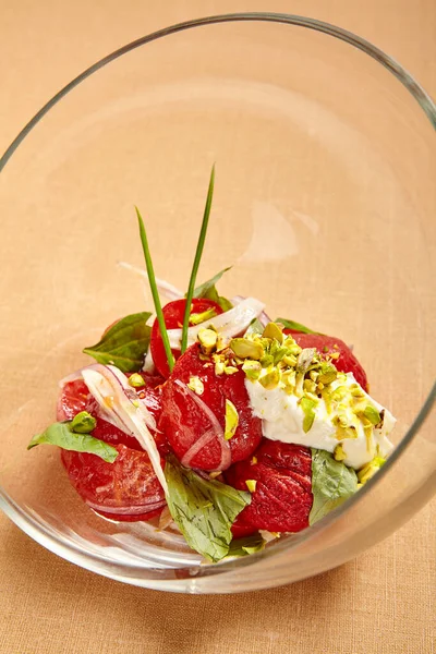 Tomates Avec Stracciatella Dans Bol Rond Verre Transparent Salade Tomates — Photo