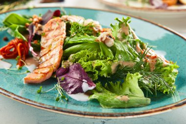 Çıtır karabuğday ve karışık sebzeli deniz ürünleri salatası. Karışık deniz mahsullü Frutti di Mare salatası - somon, kalamar, ahtapot. Mavi tabakta gurme restoran salatası.