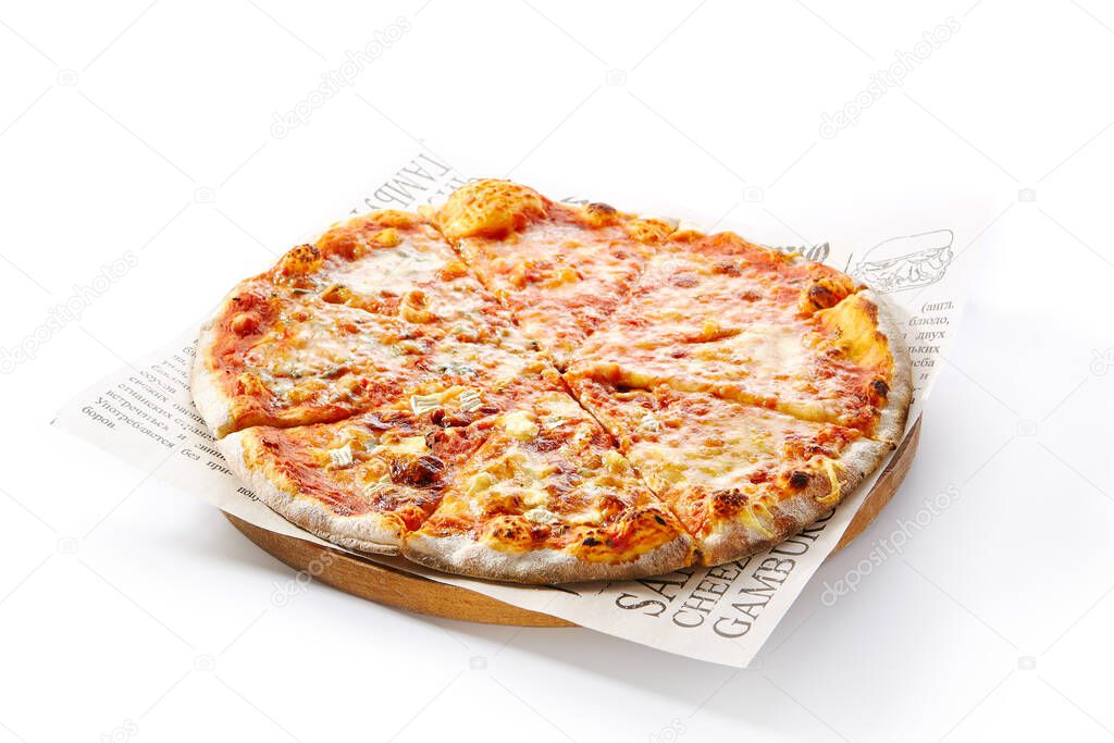 Italian Pizza - Traditional Four Cheese Pizza or Quattro Formaggio Pizza. Four Cheese: Mozzarella, Parmesan, Brie and Ricotta. Isolated on White Background