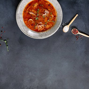 Rus mutfağı, koyu dokulu masada Solyanka Çorbası. Et dilimi ve sebzeli baharatlı ve ekşi çorba. Koyu arkaplanda seramik kase. Üst görünüm