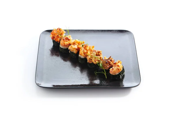 Gunkan Sushi Gunkan Maki Sushi Con Mariscos Salsa Picante Sushi — Foto de Stock