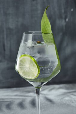 Yaşam tarzı tasarımı için Asya Cin tonik kokteyli. Yaz kokteyli konsepti geçmişi. Limon dilimli cin tonik ve muz yaprağı. Şarap kadehinde kokteyl, palmiye yaprağı gölgesinde.