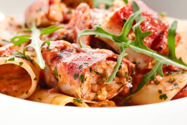 Ton balıklı Cannelloni makarnası, ton balıklı erişte tabağı. Ton balıklı makarna, domates sosu ve roket salatası. Restoran gurme cannelloni makarna tabağı beyaz arka planda izole.
