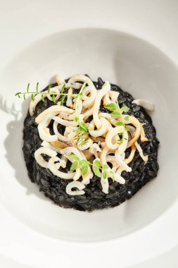 Mürekkep balıklı risotto. Siyah risotto tabağı beyaz arka planda izole. Kalamar halkalarıyla kaplı mürekkepli risotto. Beyaz arkaplan üzerinde gurme restoran yemeği