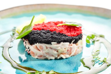 Kırmızı ve siyah tobiko soslu Yin yang salatası. Yengeç etli Japon deniz ürünleri salatası, avokado. Yağlı ve ıspanak yapraklı salata, limon dilimi. Restoran plakası beyaz arkaplanda izole edildi