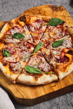 Tekstil peçeteli Tahta Trat 'ta Pepperoni Pizza. Rustik Biçim