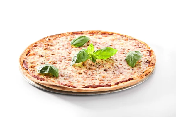 Traditional Italian Margarita Pizza Tomatoes Mozzarella Metal Tray Isolated Hot — Stock Photo, Image