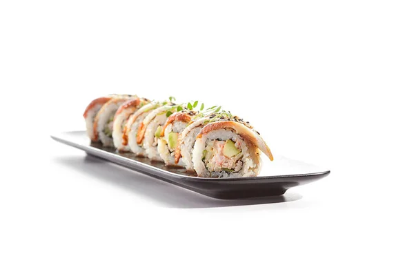 International Sushi Roll Topped Smoked Eel Sesame Seed Sushi Roll — Stock Photo, Image