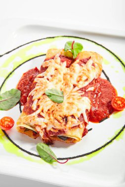 Dorblu peynirli ve domates soslu sebzeli cannelloni. Aromatik ıspanakla servis edilen rulo lazanya. Geleneksel Katalan mutfağı. Lezzetli Akdeniz yemeği yakın çekim görüntüsü. İtalyan yemeği