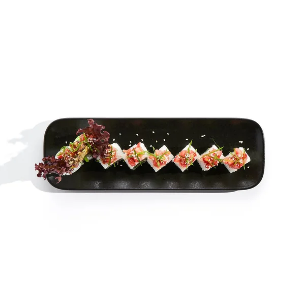Healthy Vegetarian Japanese Lunch Vegan Sushi Roll Avocado Mushrooms Topped — Stock Photo, Image