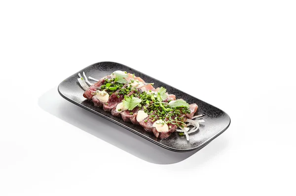 Hovězí Tataki Smažené Hovězí Tenký Plátek Sashimi Stylu Hovězí Tataki — Stock fotografie