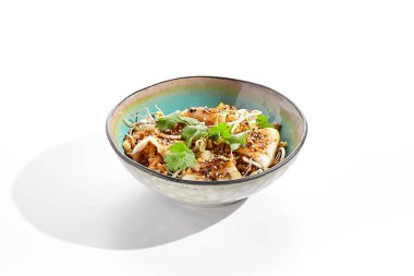 Pan-Asya geleneksel yemeği - yumurta, sebze ve kalamar ile kızartılmış pirinç. Beyaz arka planda pirinç, yumurta ve kalmar ile Hint tavası. Nasi goreng ve kalamar izole edilmiş arka planda gölgeler