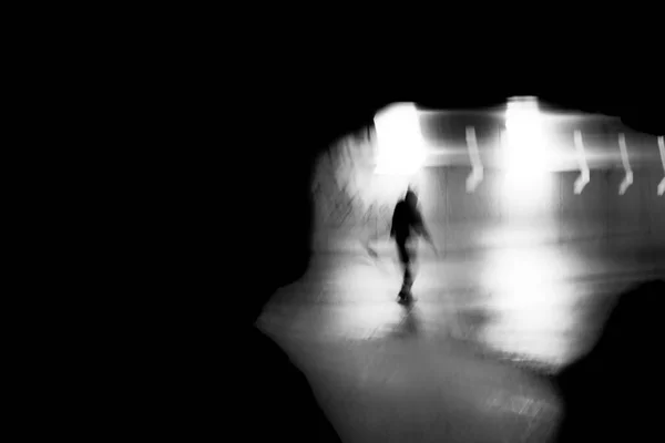 Young Person Silhouette Moving Tunnel Night — Stock Photo, Image