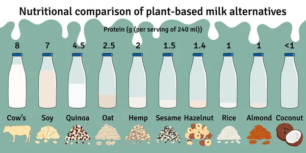 Set Bottiglie Con Latte Vegetale Infografica Proteine Del Latte Vegan — Vettoriale Stock
