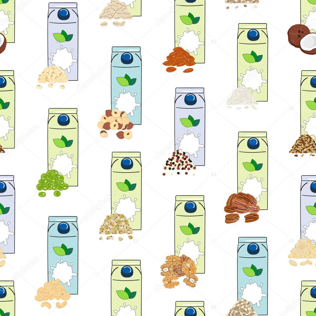 Seamless pattern of carton boxes with plant-based milk. Vegan milk. Almond, soy, rice, coconut, cashew, oat, flax, walnut, hemp, pea milk. Milk alternatives. Hand drawn vector illustration.