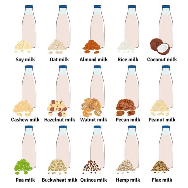 Bitkisel sütle dolu bir şişe seti. Cam şişelerde vejetaryen sütü. Badem, soya, pirinç, hindistan cevizi, fındık, yulaf, keten, ceviz, kenevir, bezelye sütü. Süt alternatifleri. El çizimi vektör illüstrasyonu.