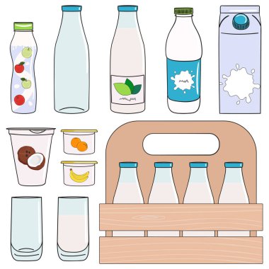 Süt, süt ürünleri ve vejetaryen süt alternatifleri. Süt şişesi, karton kutu, yoğurt. El çizimi vektör illüstrasyonu.