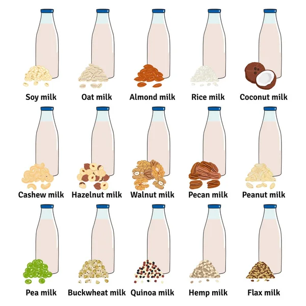 植物性乳を使用したボトルのセット ガラス瓶の中のビーガンミルク アーモンド ココナッツ カシューナッツ ヘーゼルナッツ オート麦 くるみ エンドウ豆のミルク 牛乳の代替品 — ストックベクタ