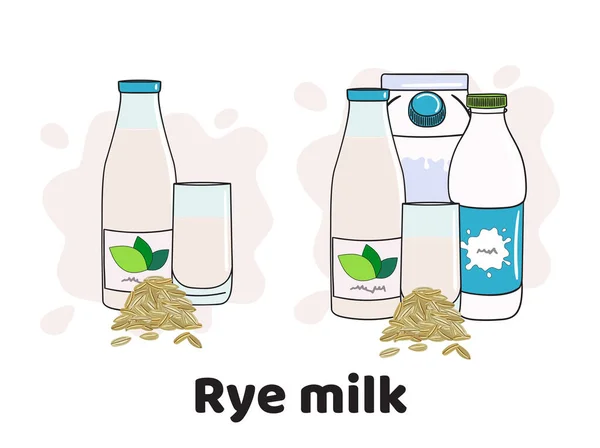 在玻璃杯 瓶子和盒子中加入黑麦牛奶的模板 冰毒牛奶图标 牛奶替代品 手绘矢量图解 — 图库矢量图片