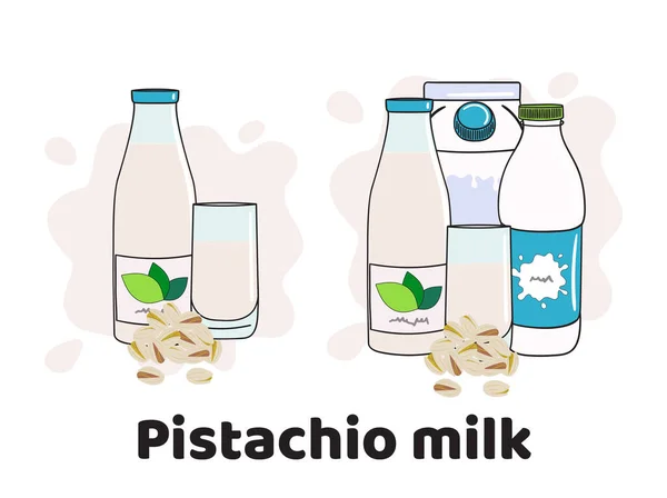 Templates Pistachio Milk Glass Bottles Box Vegan Milk Icons Milk — Stock Vector