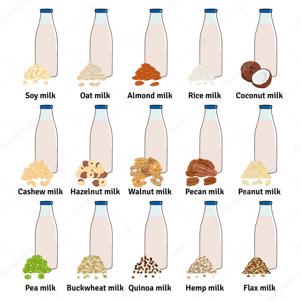 Set of bottles with plant-based milk. Vegan milk in glass bottles. Almond, soy, rice, coconut, cashew, hazelnut, oat, flax, walnut, hemp, pea milk. Milk alternatives. Hand drawn vector illustration.
