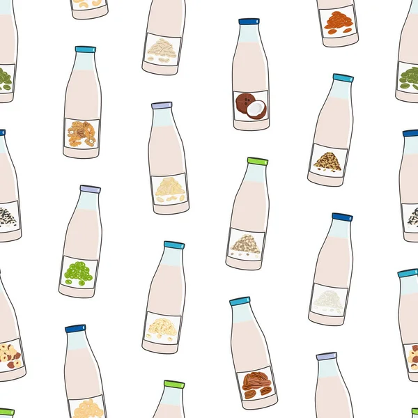 Seamless Pattern Bottles Plant Based Milk — Stock Vector
