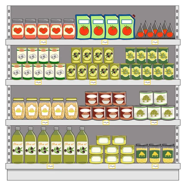 Süpermarketteki raflarda konserve yiyecekler var. Konserve kutuları, cam kavanozlar, metal kaplar. El çizimi vektör çizimi. Beyaz arkaplanda izole.